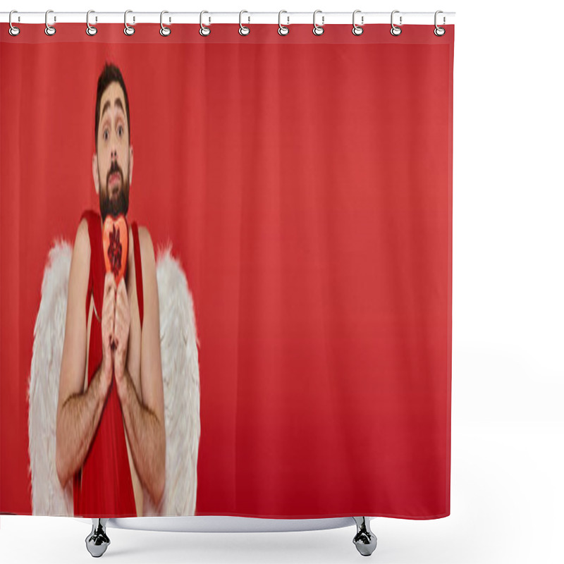 Personality  Shy Bearded Cupid Holding Heart-shaped St Valentines Day Present On Red, Horizontal Banner Shower Curtains