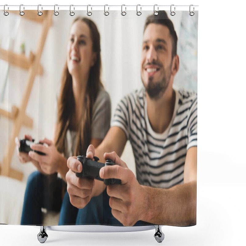 Personality  Smiling Young Couple Playing Games With Gamepads At Home Shower Curtains