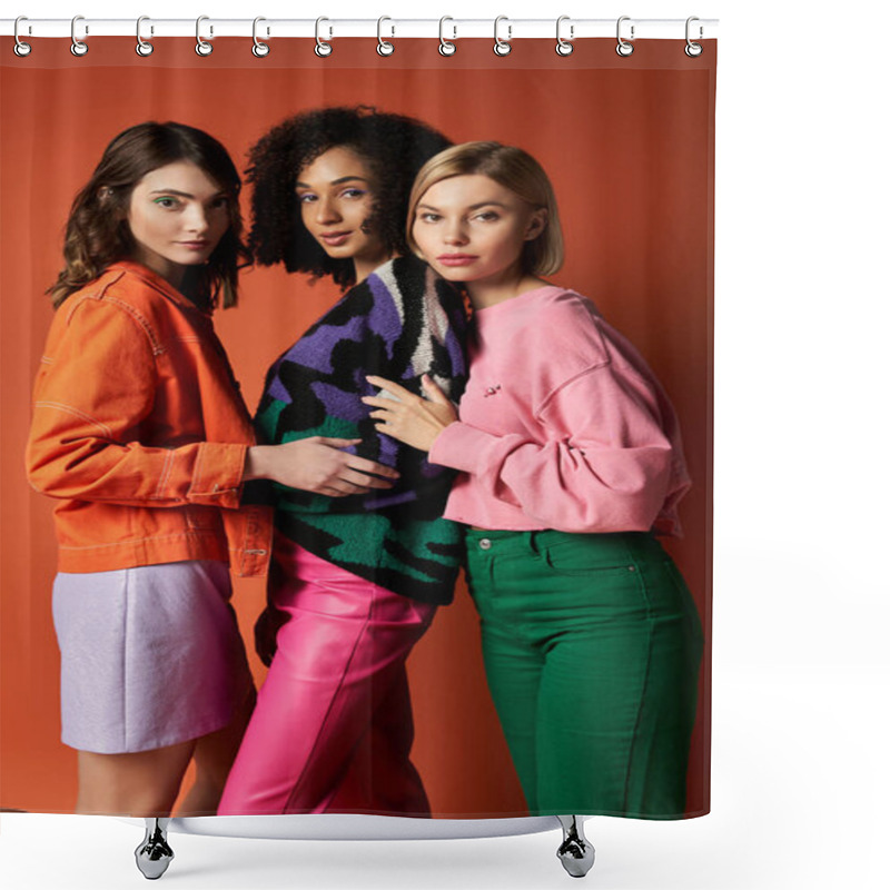 Personality  Three Young, Stylish Women Of Different Cultures Standing Together On An Orange Background, Showcasing Friendship And Diversity. Shower Curtains