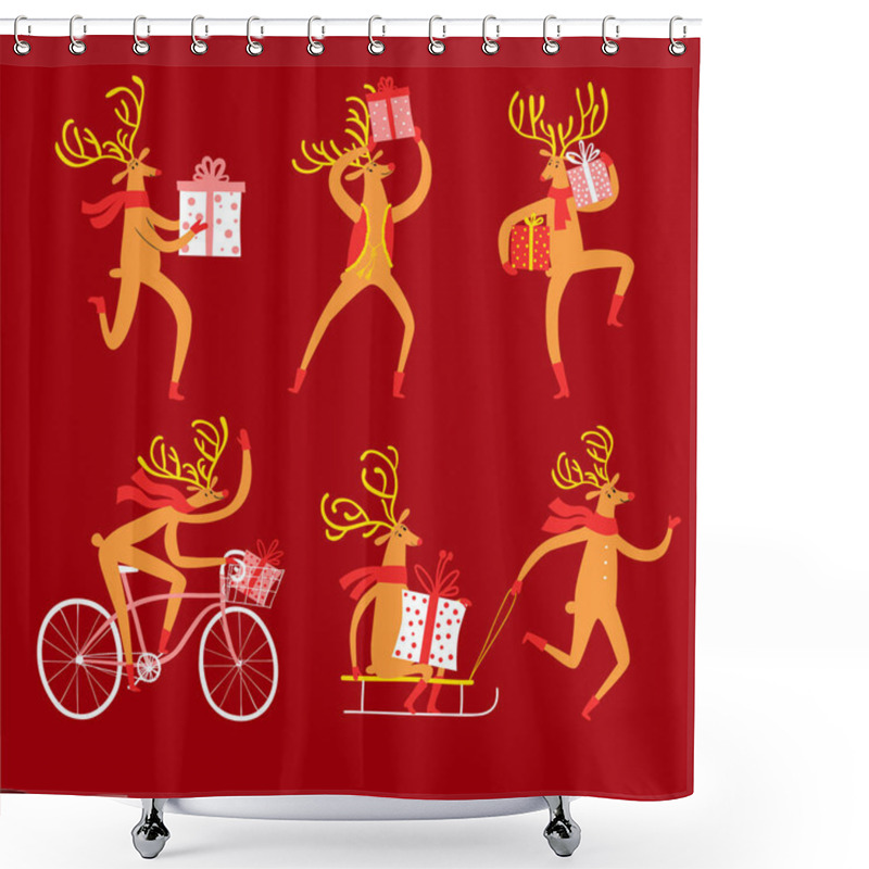 Personality  Christmas Illustration Set Of Cute Deers With Present Boxes.  Shower Curtains