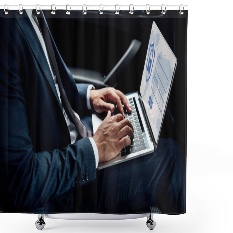 Personality  Partial View Of African American Businessman Using Laptop With Internet Security Illustration In Car Shower Curtains