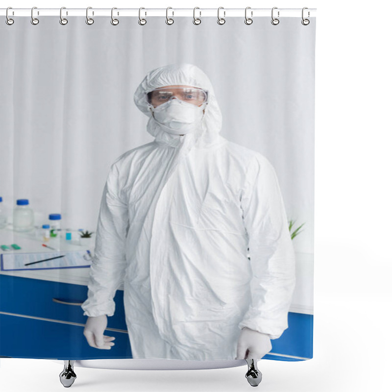 Personality  Scientist In Hazmat Suit And Goggles Looking At Camera In Laboratory  Shower Curtains