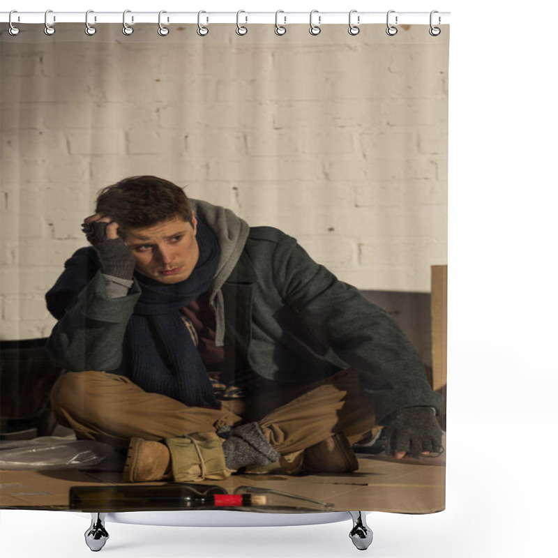 Personality  Depressed Homeless Man Sitting On Cardboard And Propping Head With Hand Shower Curtains