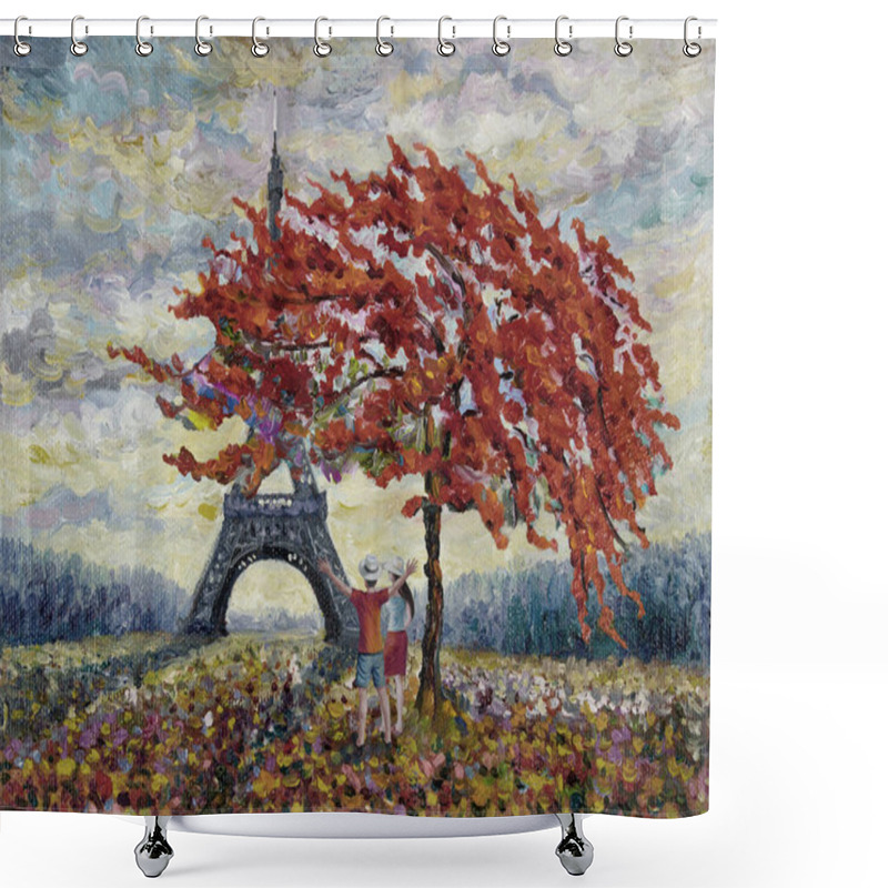 Personality  Paris City Landscape In Europe, France, The Eiffel Tower With Male And Female Lover, Romantic Holiday Travel In The Garden Of The Fall. Watercolor Paintings, Illustrations Of World Famous Places. Shower Curtains