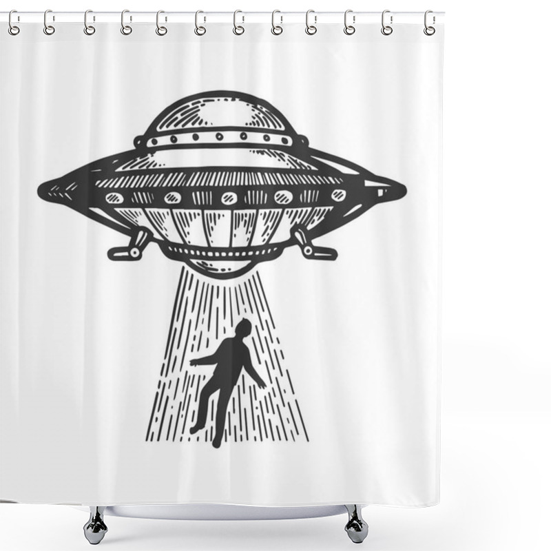 Personality  UFO Flying Saucer Kidnaps Human Person Engraving Vector Illustration. Scratch Board Style Imitation. Black And White Hand Drawn Image. Shower Curtains