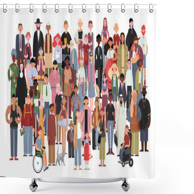 Personality  Socially Diverse Multicultural And Multiracial People On An Isolated White Background. Happy Old And Young Women And Men With Children, As Well As People With Disabilities Standing Together. Vector Shower Curtains