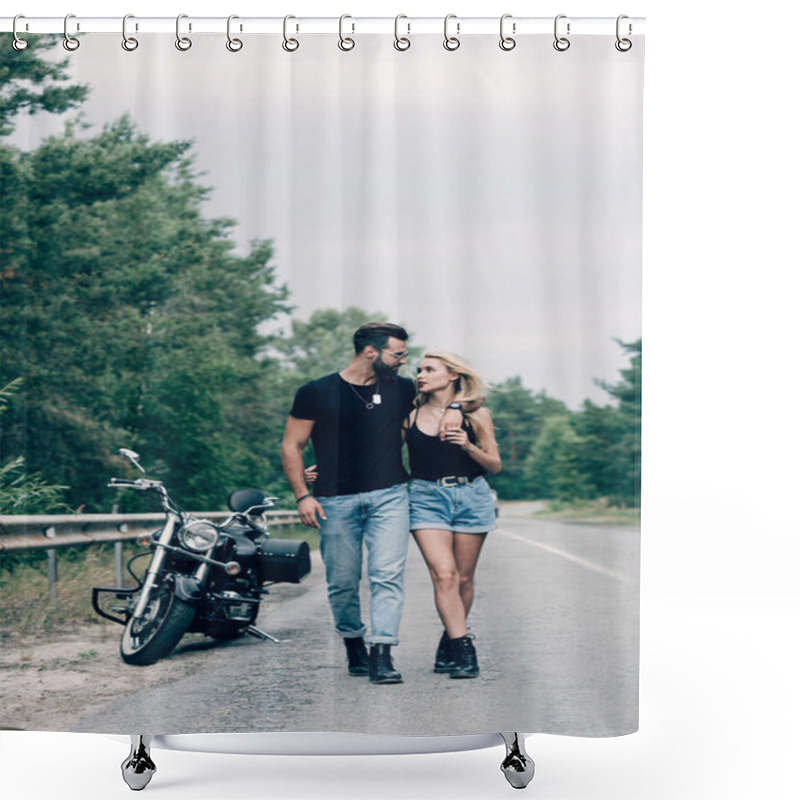 Personality  Young Couple Of Bikers Walking Along Road And Embracing Near Black Motorcycle Shower Curtains