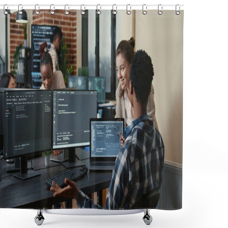 Personality  Software Developers Celebrating Successful Code Compiling Doing High Five Hand Gesture With Colleague. Programmer Analyzing Algorithm On Multiple Screens Takes Off Glasses And Congratulates Coworker. Shower Curtains