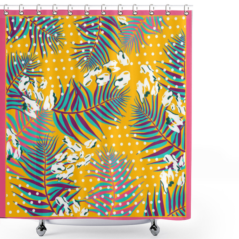 Personality  Silk Scarf With Palm Leaves On Grunge Background With Leopard Spots.. Vintage Textile Collection. Shower Curtains