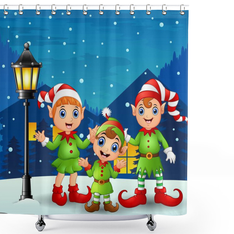 Personality  Cute Little Kid Elves With Snowfall Falling At Night Background Shower Curtains