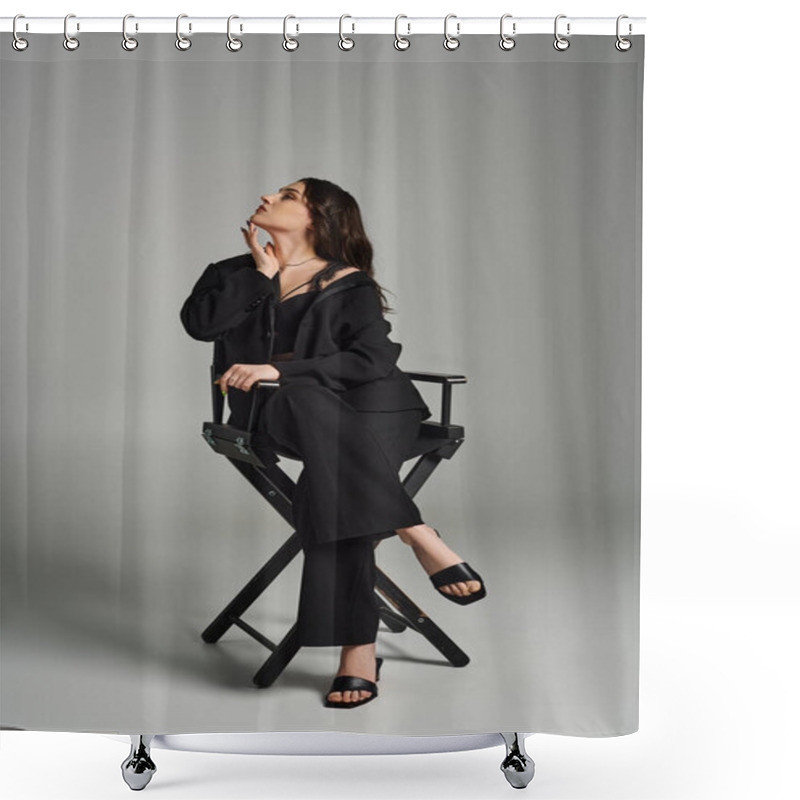 Personality  A Beautiful Plus Size Woman Wearing A Black Dress Sits Gracefully On A Chair Against A Gray Backdrop, Exuding Confidence. Shower Curtains