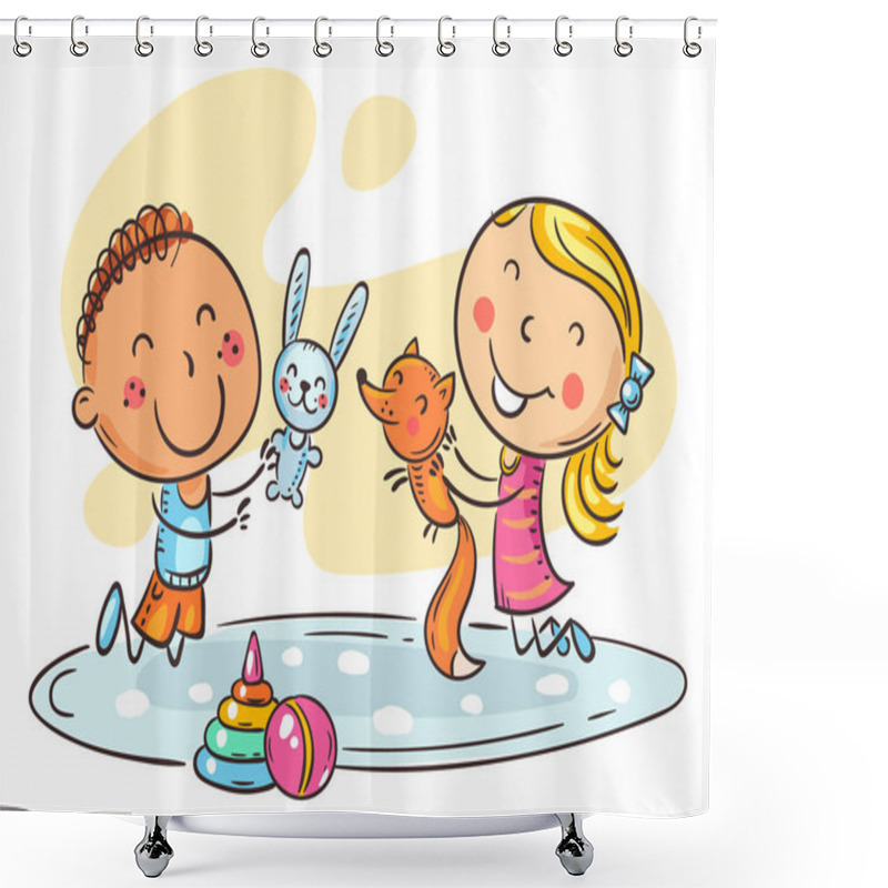 Personality  Doodle Happy Cartoon Kids Playing With Toys On The Carpet. Vector Clipart Illustration Shower Curtains