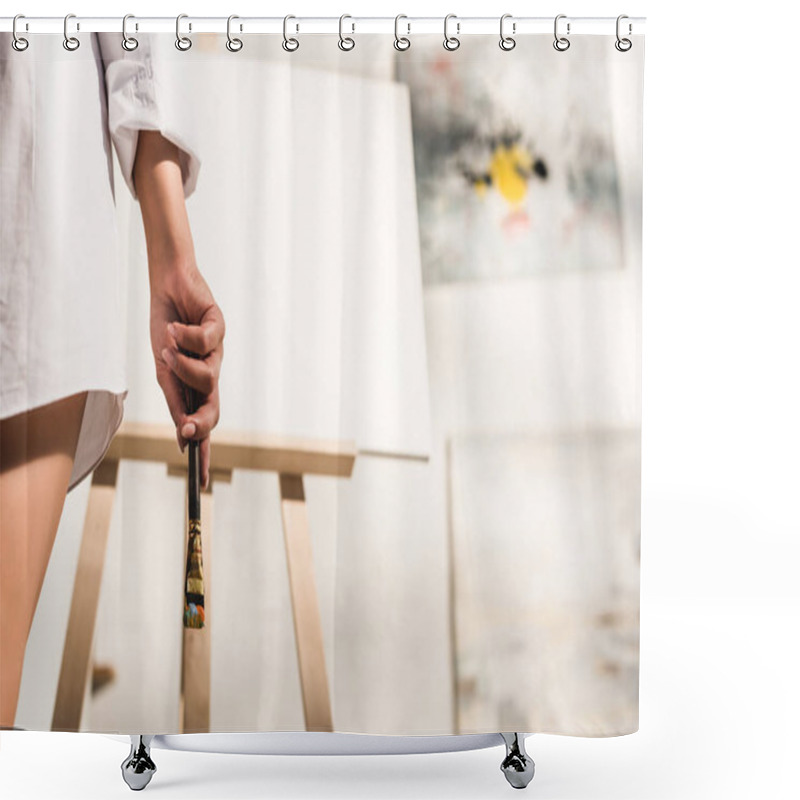 Personality  Cropped View Of Girl Holding Paintbrush Near Easel Shower Curtains