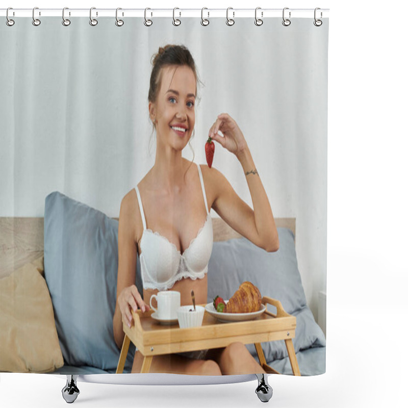 Personality  A Young Woman Playfully Holds A Strawberry While Seated With Breakfast. Shower Curtains