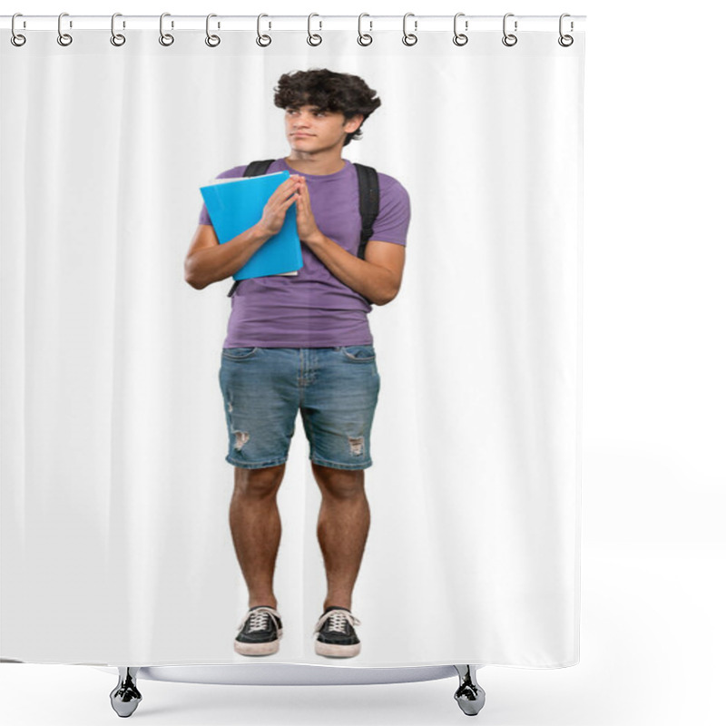 Personality  A Full-length Shot Of A Young Student Man Scheming Something Over Isolated White Background Shower Curtains