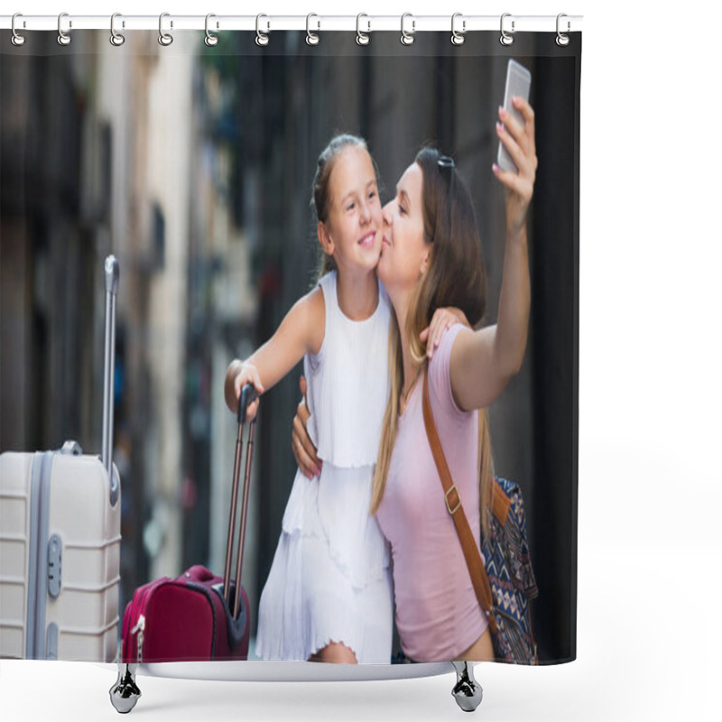 Personality  Travelers Woman And Daughter Are Photographed On The Phone Shower Curtains