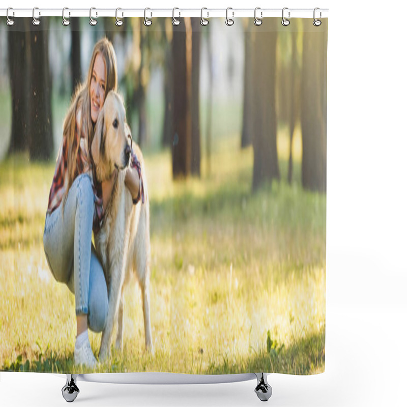 Personality  Panoramic Shot Of Beautiful Young Girl In Casual Clothes Hugging Golden Retriever While Sitting On Meadow In Sunlight Shower Curtains