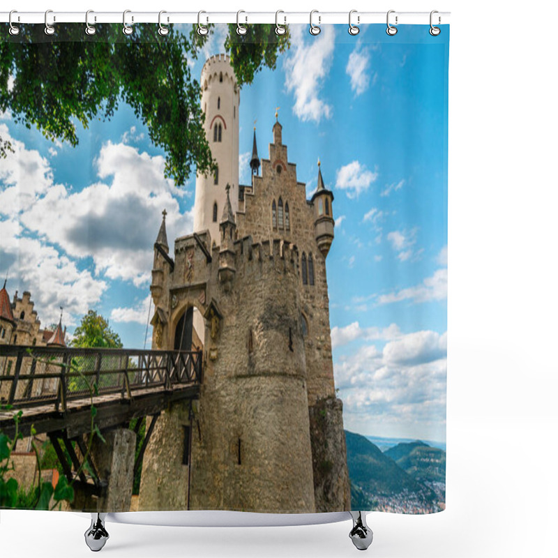 Personality  Experience The Breathtaking Beauty Of Castle Lichtenstein, Nestled In Lush Greenery Under A Vibrant Summer Sky. Shower Curtains