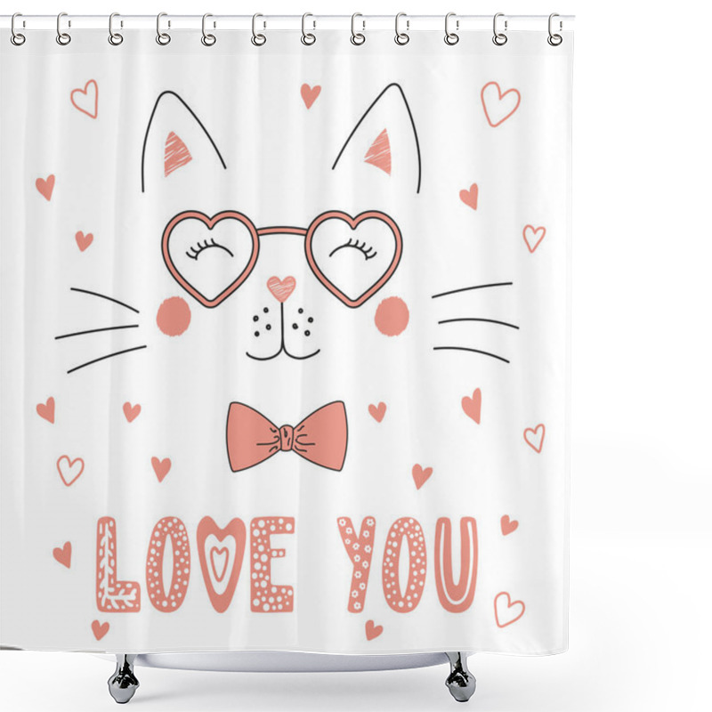 Personality  Cute Cat In Heart Shaped Glasses Shower Curtains