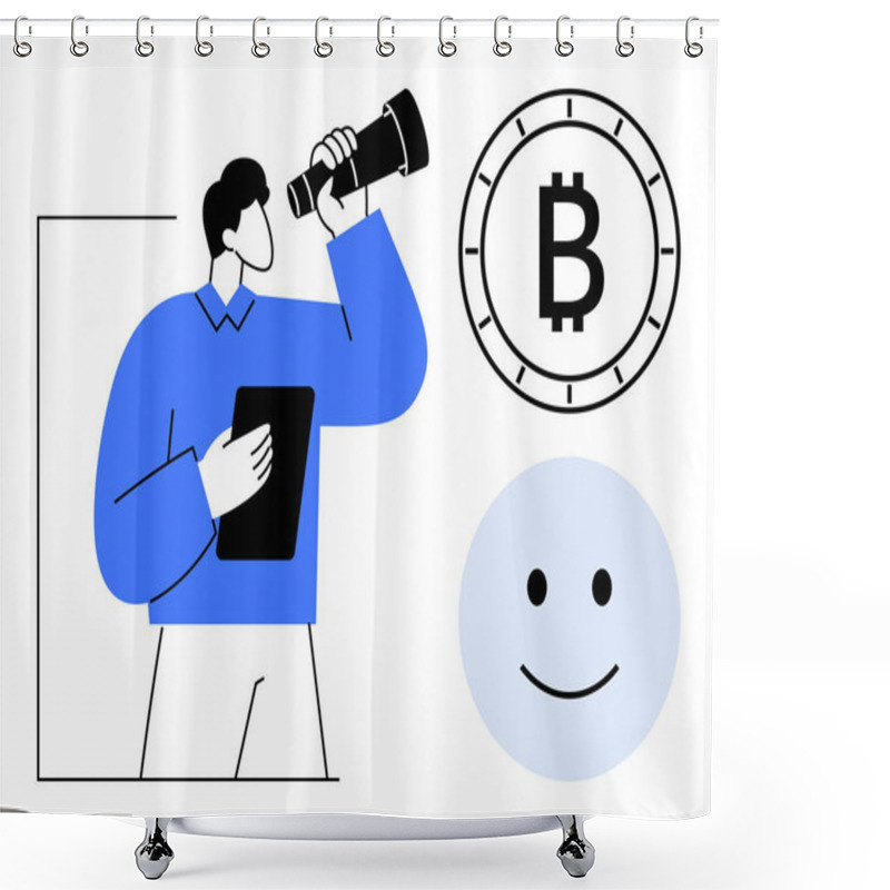 Personality  Man Holding A Tablet, Looking Through A Telescope Towards A Bitcoin Symbol And A Happy Face. Ideal For Cryptocurrency, Investment, Finance, Strategy, Technology, Future, Optimism. Line Metaphor Shower Curtains