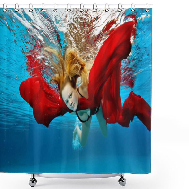 Personality  A Cute Girl Is Relaxing And Having Fun In The Outdoor Pool On A Summer Day. She Dives Under The Water And Swims With A Red Cloth In Her Hands With Her Hair Flying. Portrait. Underwater Photography. Shower Curtains