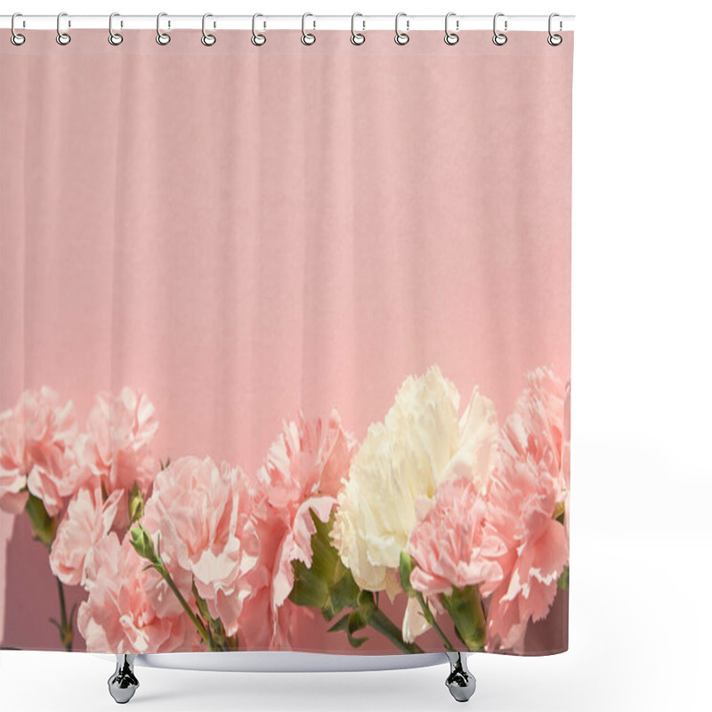 Personality  Top View Of Blooming Carnations On Pink Background Shower Curtains