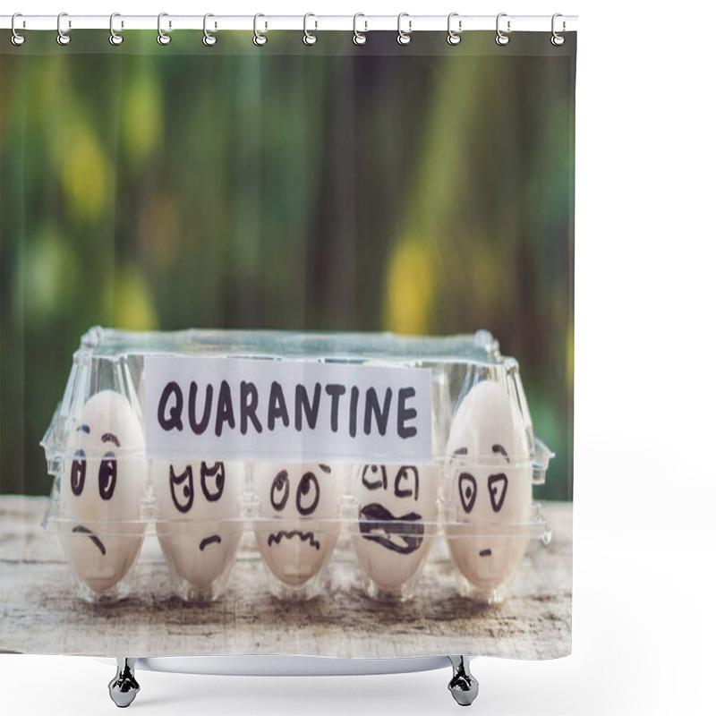 Personality  Eggs With Funny Faces In Paper Box With Word Quarantine Shower Curtains