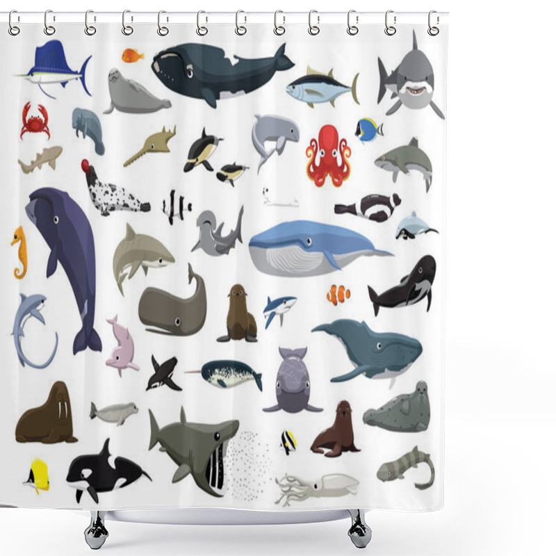 Personality  Various Cute Sea Animals Cartoon Vector Illustration Shower Curtains