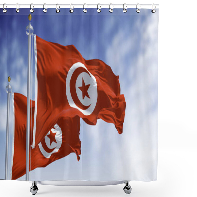 Personality  Detail Of The Tunisia National Flag Waving. Red With White Circle In Center, Red Star And Crescent Within Circle. Maghreb Region. Fabric Textured Background. Selective Focus. 3d Illustration Render Shower Curtains