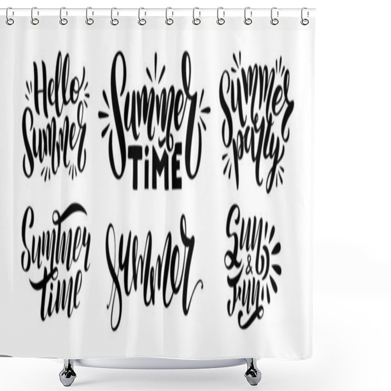 Personality  Set Of Logo Text - Hello Summer, Summer Time, Party, Sun And Fun. Typography For Poster With Hand Drawn Lettering Isolated On White Background. Vector Illustration For Postcard, Banner, Print. Shower Curtains