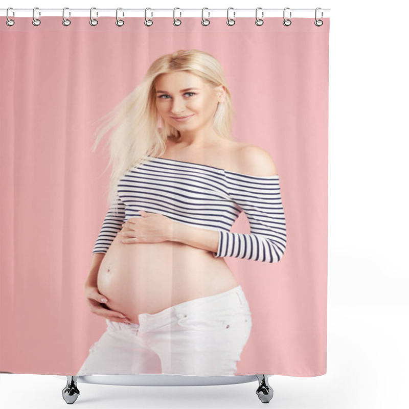 Personality  Pregnant Happy Woman Is Touching Her Belly. Pregnant Mother Portrait Caressing Her Belly And Smiling. Healthy Pregnancy And IVF Concept, Blond Pregnant Woman On A Pink Background Shower Curtains