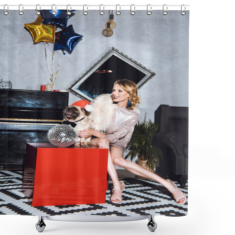 Personality  Woman With Pug In Santa Hat Shower Curtains