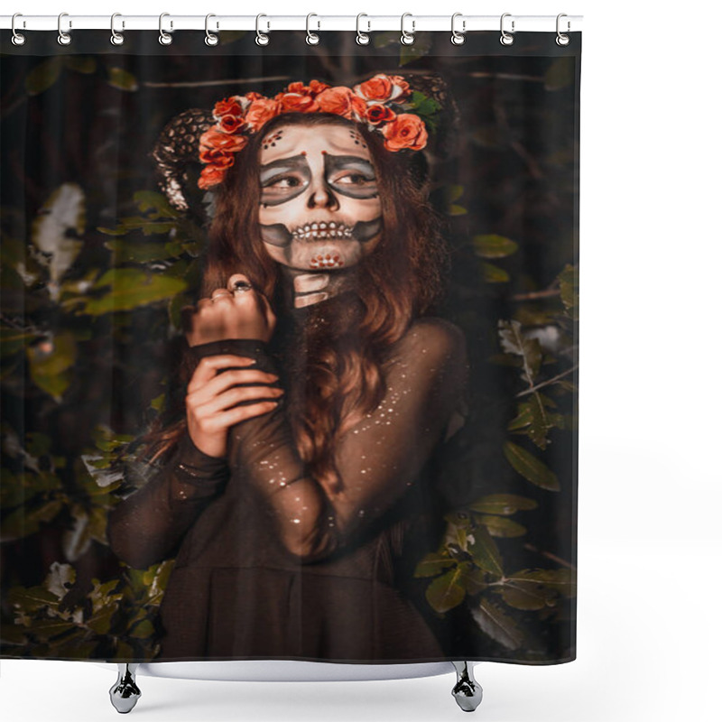 Personality  Portrait Of Young Woman With Scary Halloween Makeup, Day Of The Dead Theme Shower Curtains