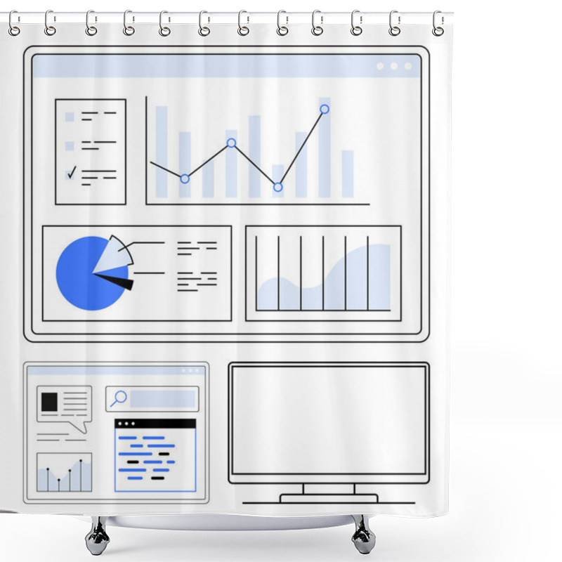 Personality  Data Analysis Dashboard With Various Charts Including Line Graph, Pie Chart, And Bar Graph Displayed On Computer Screens. Ideal For Business Analytics, Presentations, Reports, Data Visualization Shower Curtains