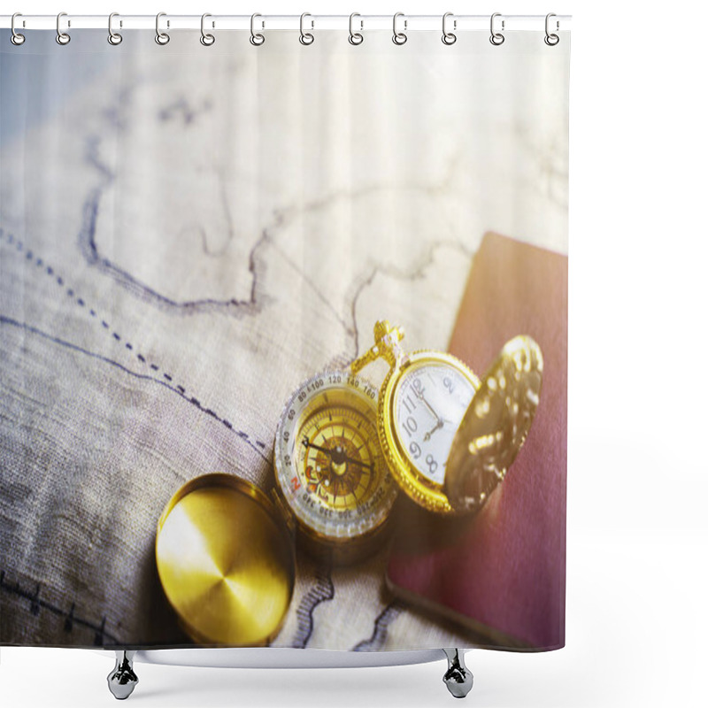 Personality  Golden Compass, Gold Pocket Watch And Passport On Old Map With F Shower Curtains