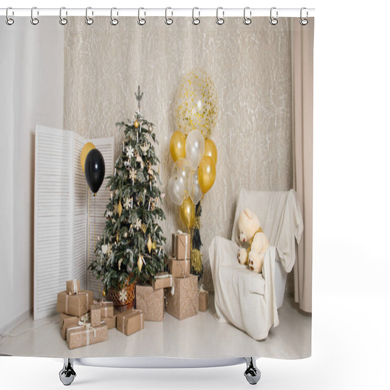 Personality  Merry Christmas And Happy Holidays A Beautiful Living Room Decorated For . Shower Curtains