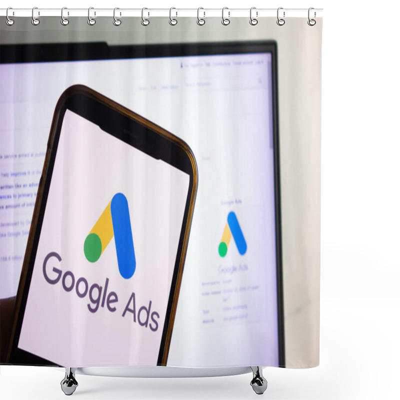 Personality  KONSKIE, POLAND - September 17, 2022: Google Ads Logo Displayed On Smartphone Screen In The Office. Google Ads Is A Service Of Contextual Search Advertising Shower Curtains