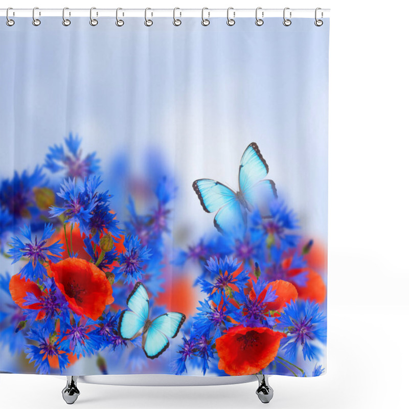 Personality  Summer Field Flowers With Blue Butterflies, With Copy Space Shower Curtains