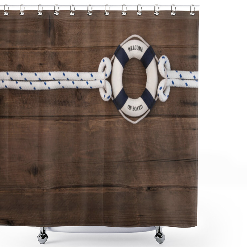 Personality  Cooperation Concept: Wooden Brown Nautical Background With A Blu Shower Curtains