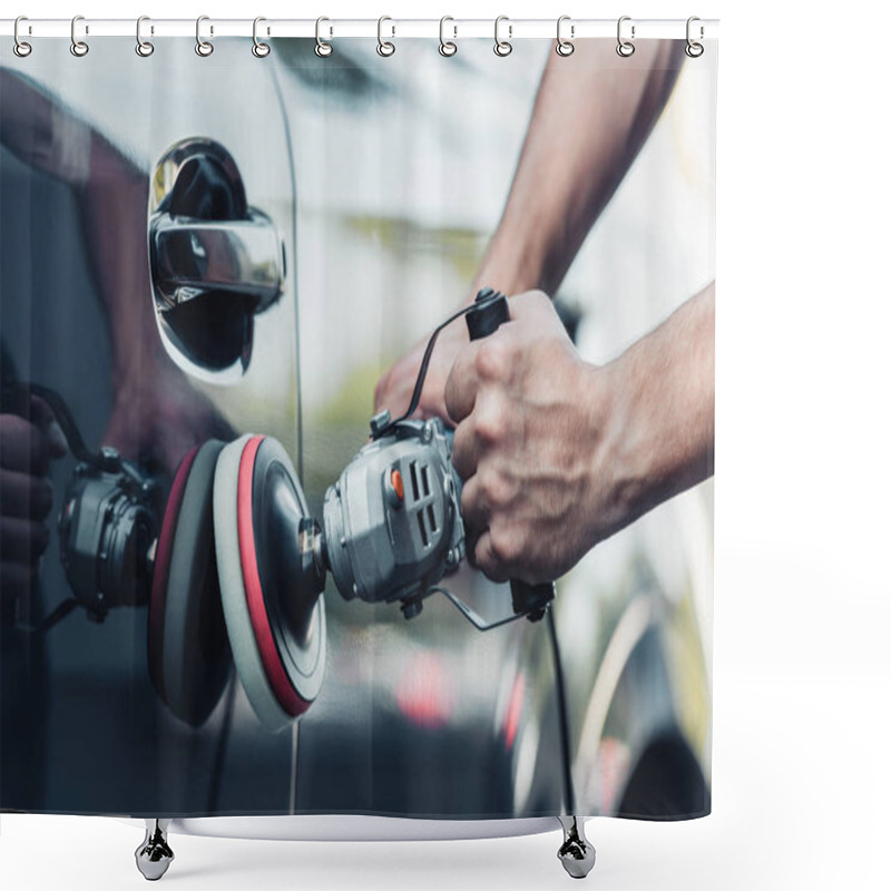 Personality  Cropped View Of Car Cleaner Polishing Car With Buffer Machine Shower Curtains