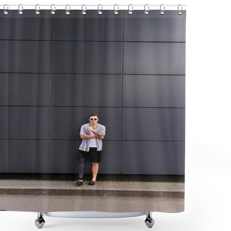 Personality  A Young Man With A Prosthetic Leg Stands Proudly Against A Sleek, Contemporary Wall. Shower Curtains