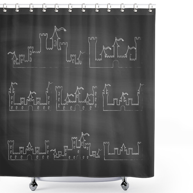 Personality  Set Of Fantasy Castles Chalk Silhouettes For Design. Isolated On Grey  Background. Vector Shower Curtains