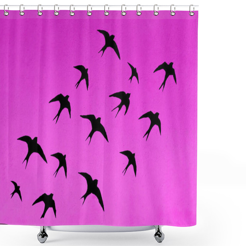 Personality  Silhouettes Of Many Swallows On Pink Sky Background Shower Curtains