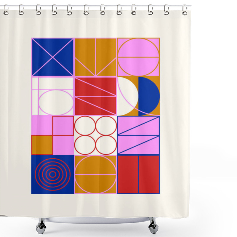 Personality  Abstract Linear Geometric Pattern Texture Inspired By Bauhaus Design Style. Modern Geometry Composition Artwork With Simple Vector Shapes And Basic Forms, Great For Poster Design And Web Presentation. Shower Curtains