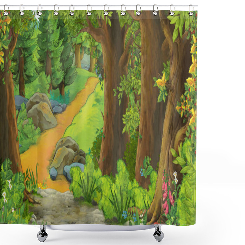 Personality  Cartoon Summer Scene With Meadow In The Forest Illustration For Children Shower Curtains