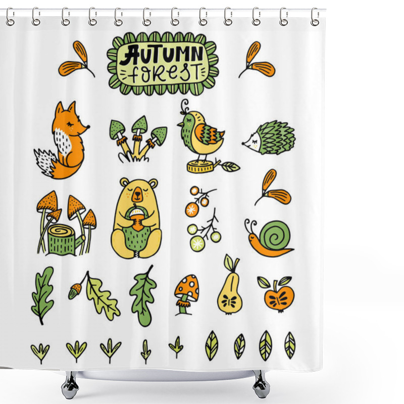 Personality  Set Of Cute Autumn Cartoon Characters, Plants And Fruits. Fall Season. Forest Animals. Collection Of Doodle Outline  Elements For Coloring Book, Children Design. Shower Curtains