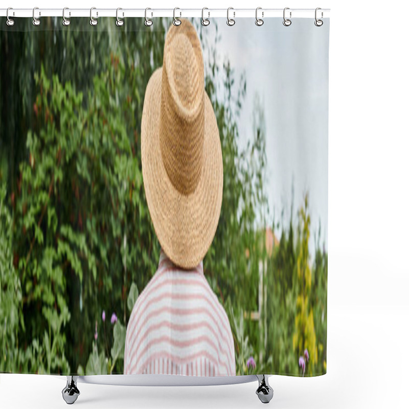 Personality  Back View Of Mature Woman In Straw Hat Posing In Her Lively Garden While Working There, Banner Shower Curtains