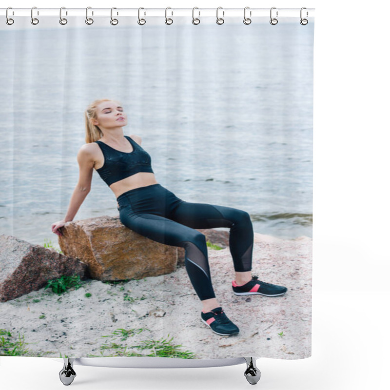 Personality  Tired Blonde Woman With Closed Eyes In Sportswear Sitting On Stone Near Sea  Shower Curtains