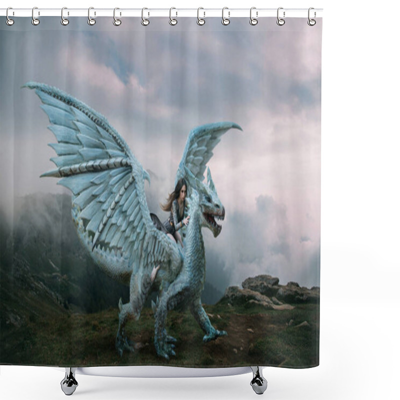 Personality  A Young Woman Sits Astride A Dragon. Fantasy Photography. A Huge Creature With Spikes And Wings Stands On Top Of A Mountain. Beautiful Nature Sky And White Clouds. Shower Curtains