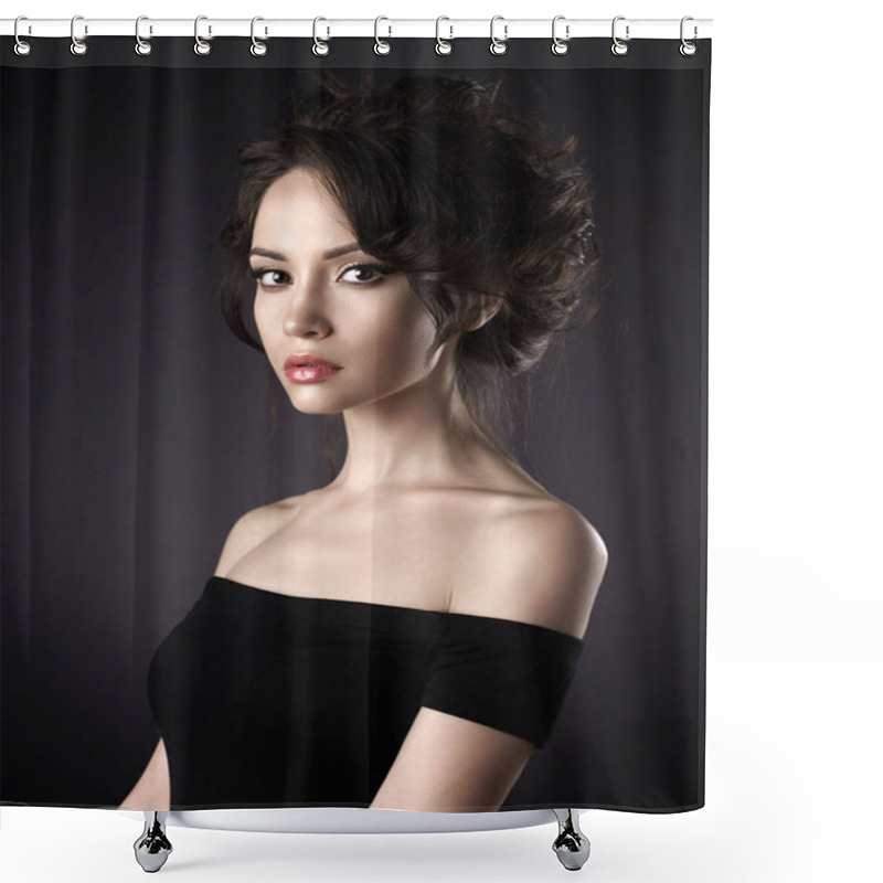 Personality  Beautiful Woman With Elegant Hairstyle On Black Background Shower Curtains